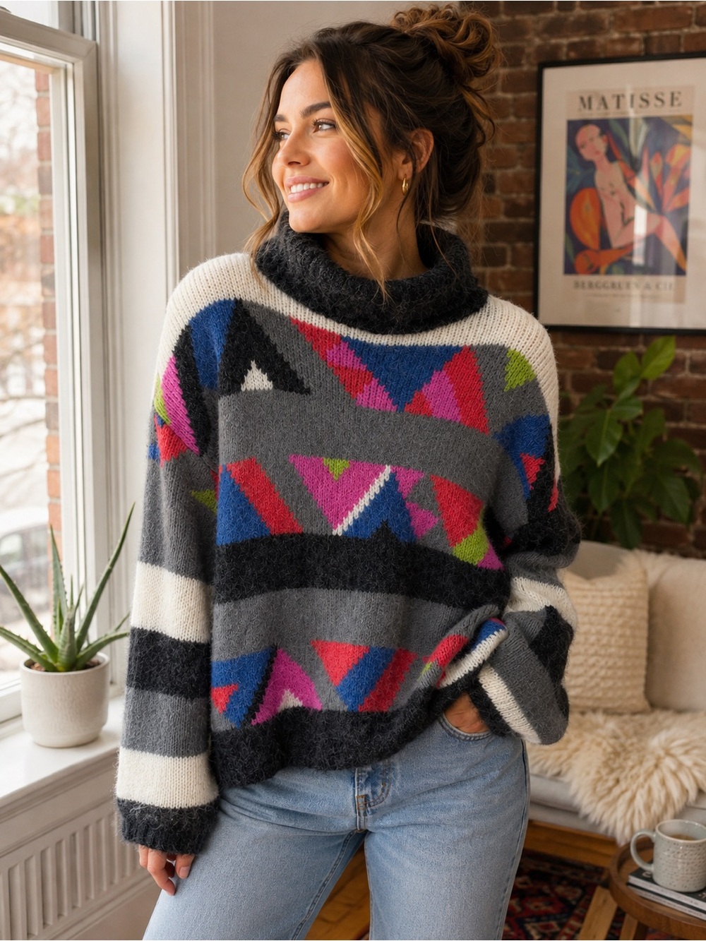 Vintage Women’s Geometric Cowl Neck Sweater - Gray Multicolor